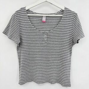 No Boundaries Henley Top Womens XXL Grey Black Striped Ribbed Short Sleeve